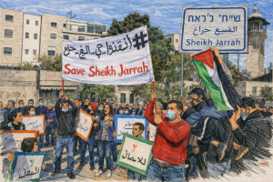 Illustrated rendering reflecting public demonstrations in Sheikh Jarrah, used for commentary, education, and reflection.